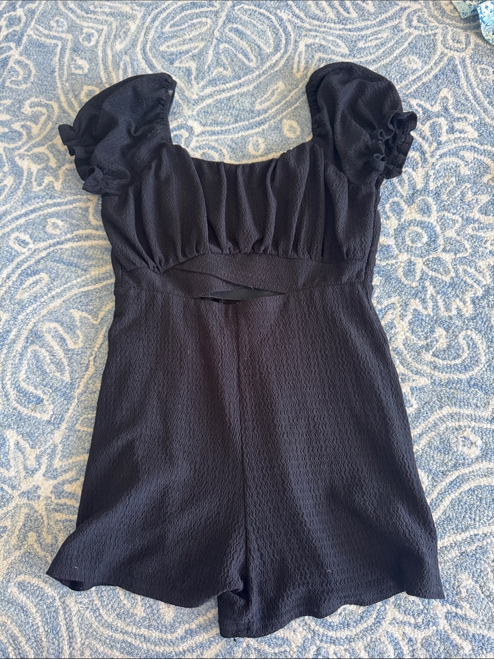 Black Puff Sleeve Romper with Sweetheart Neckline